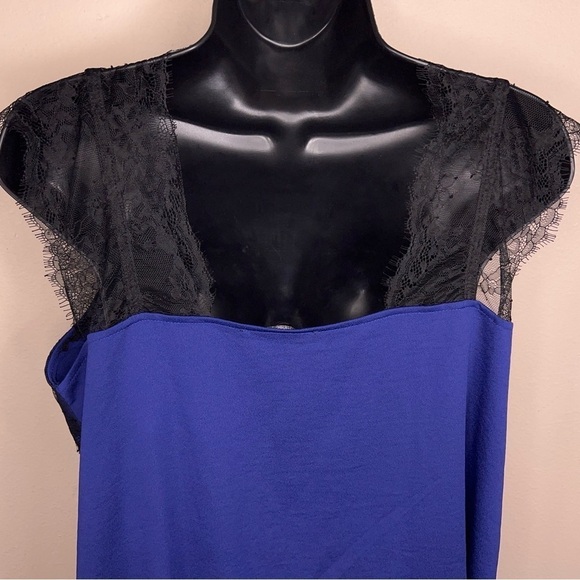 LARGE HIPPIE CHIC BLUE BLACK LACE SLEEVELESS TOP GLAM SATIN - Picture 7 of 12